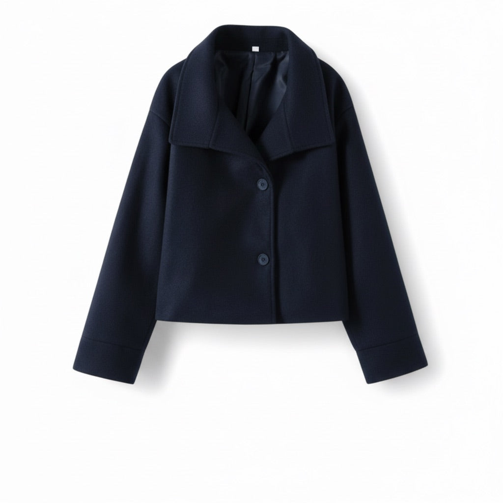 Kurzmantel Damen mit Stehkragen – Kurze Jacke mit Knopfleiste – Marineblau – Vorderansicht