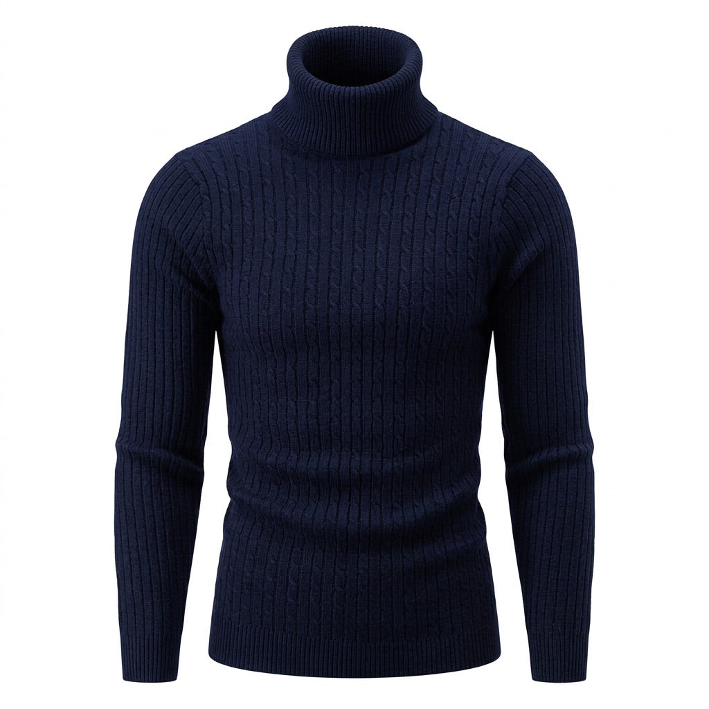Rollkragenpullover Herren mit Zopfmuster – Warmer Strickpullover – Marineblau – Vorderansicht
