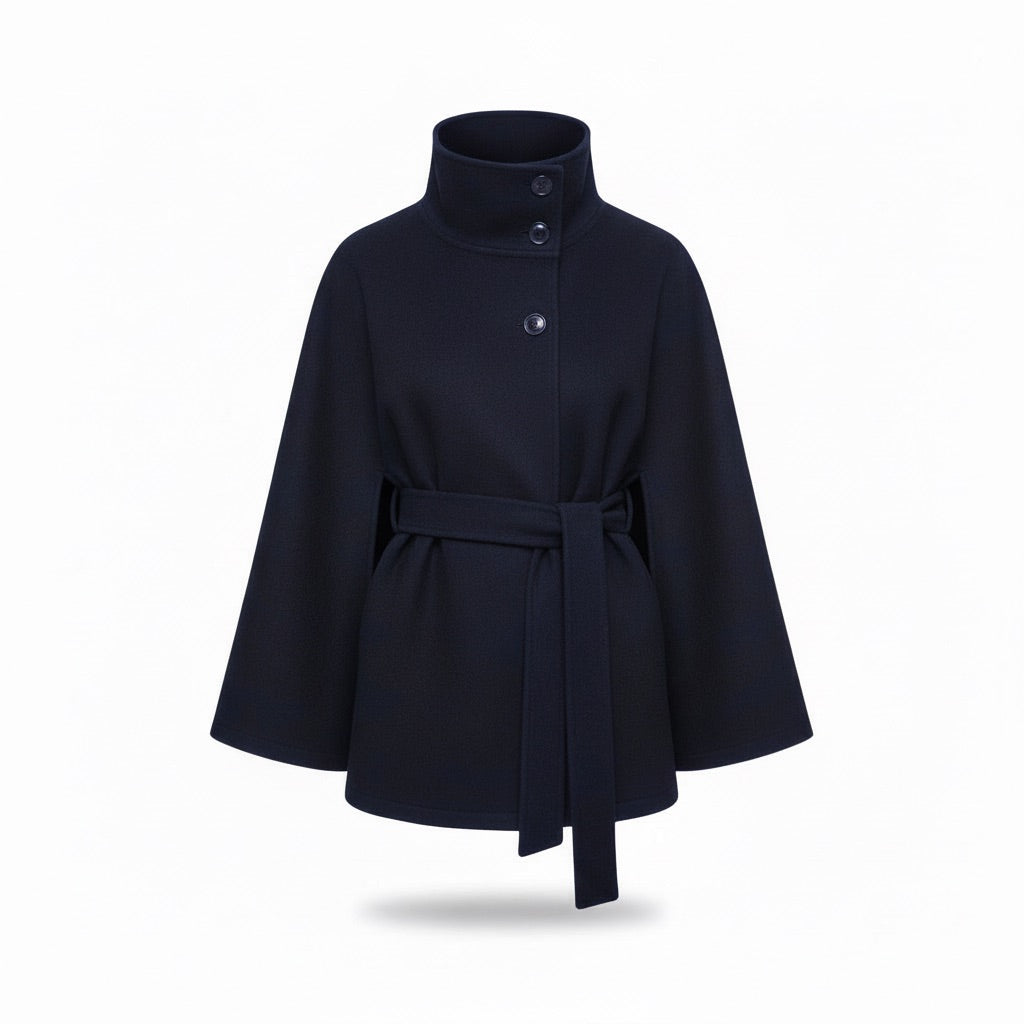 Cape Mantel Damen mit Gürtel und Stehkragen – Eleganter Kurzmantel – Marineblau – Vorderansicht