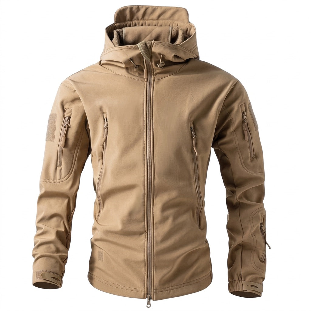 Softshelljacke Herren mit Kapuze – Outdoor Funktionsjacke – Hellbraun – Vorderansicht