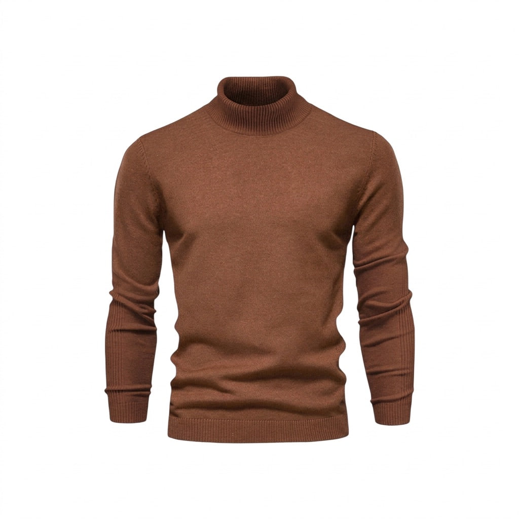 Rollkragenpullover Herren Basic – Leichter Strickpullover Slim – Braun – Vorderansicht