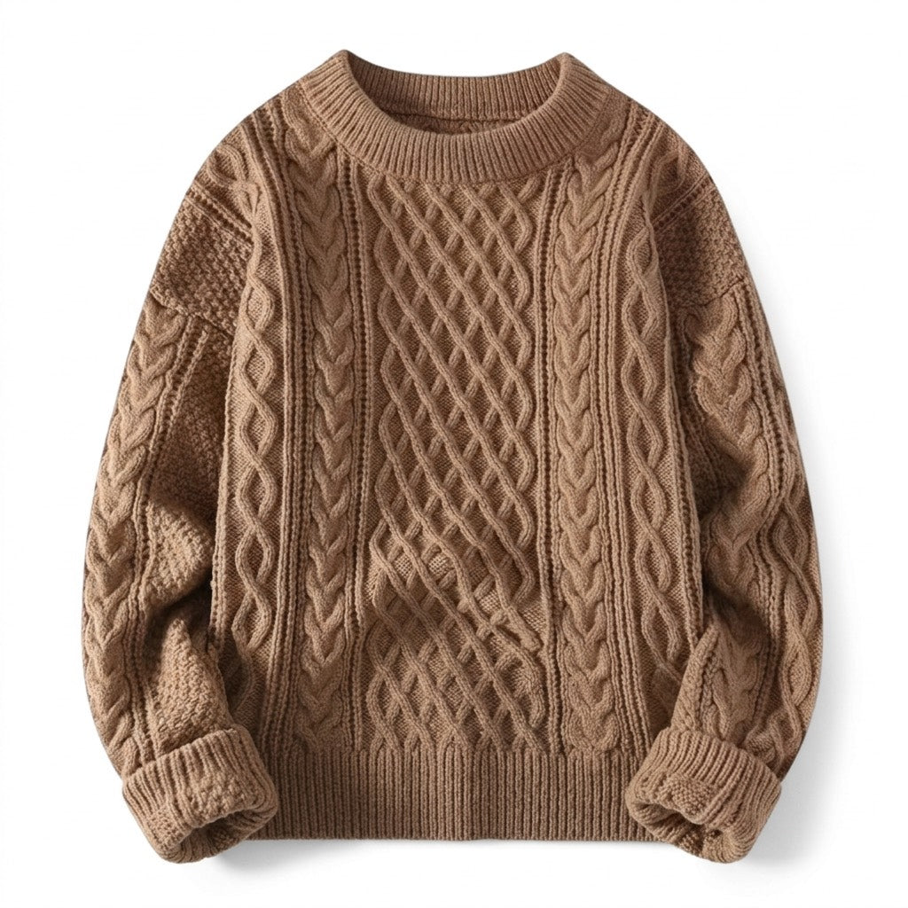 Zopfstrick Pullover Herren Rundhals – Warmer Grobstrick Pullover – Braun – Vorderansicht