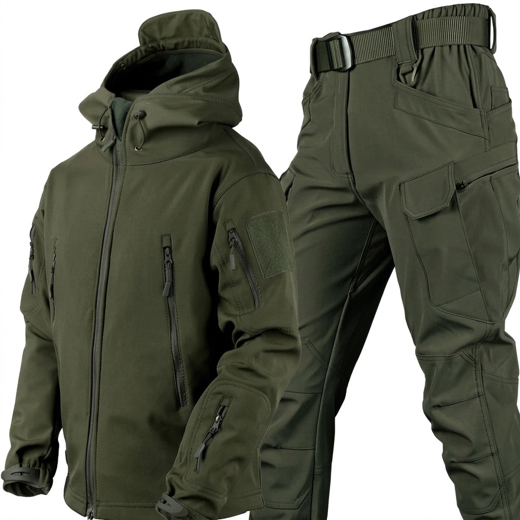 Softshell Set Herren – Funktionsjacke mit Kapuze und Cargohose – Militärgrün – Vorderansicht