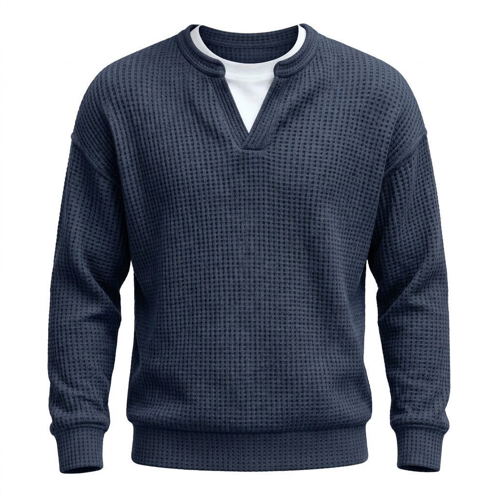Waffelpullover Herren mit Schlitzausschnitt – Lässiger Pullover – Marineblau – Vorderansicht