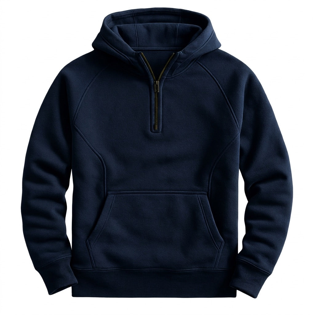 Kapuzenpullover Herren mit Half Zip – Hoodie mit Kängurutasche – Marineblau – Vorderansicht