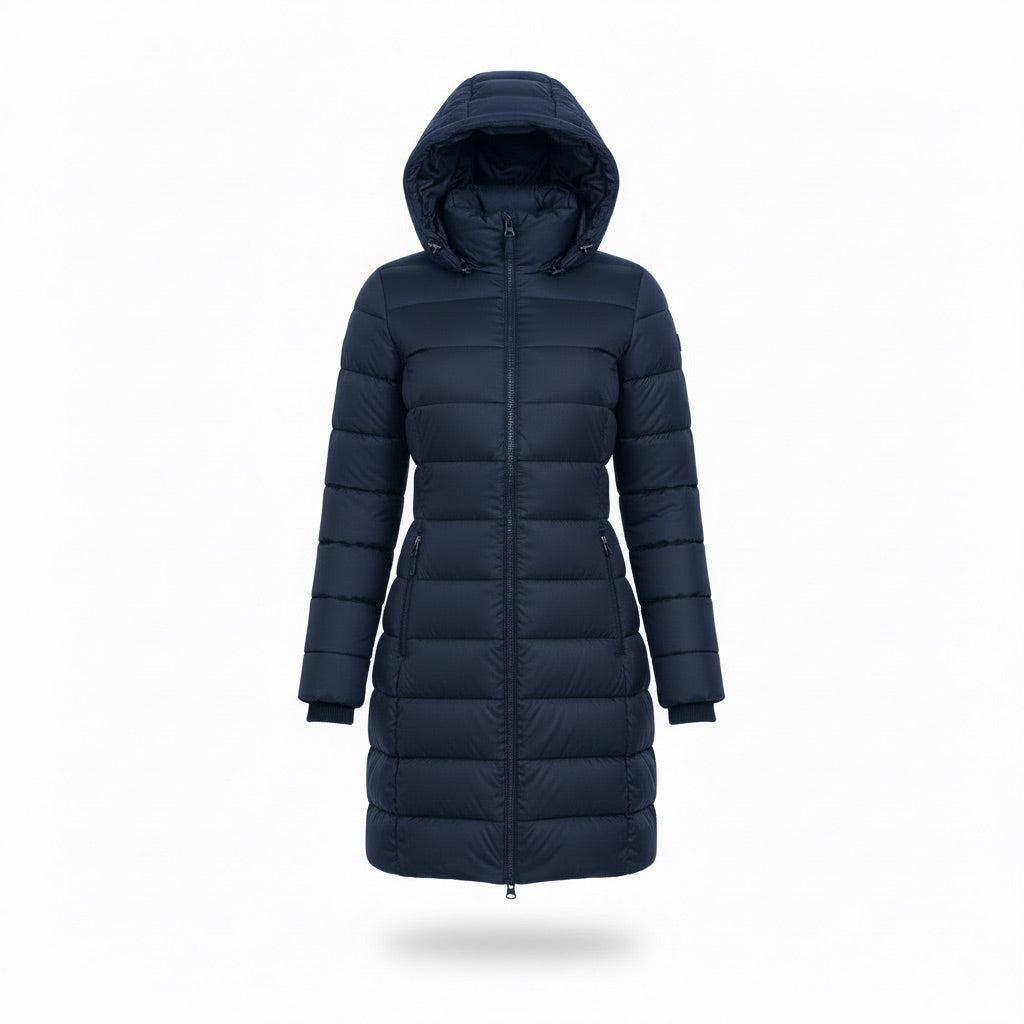 Winterjacke Damen lang mit Kapuze – Taillierter Steppmantel – Marineblau – Vorderansicht