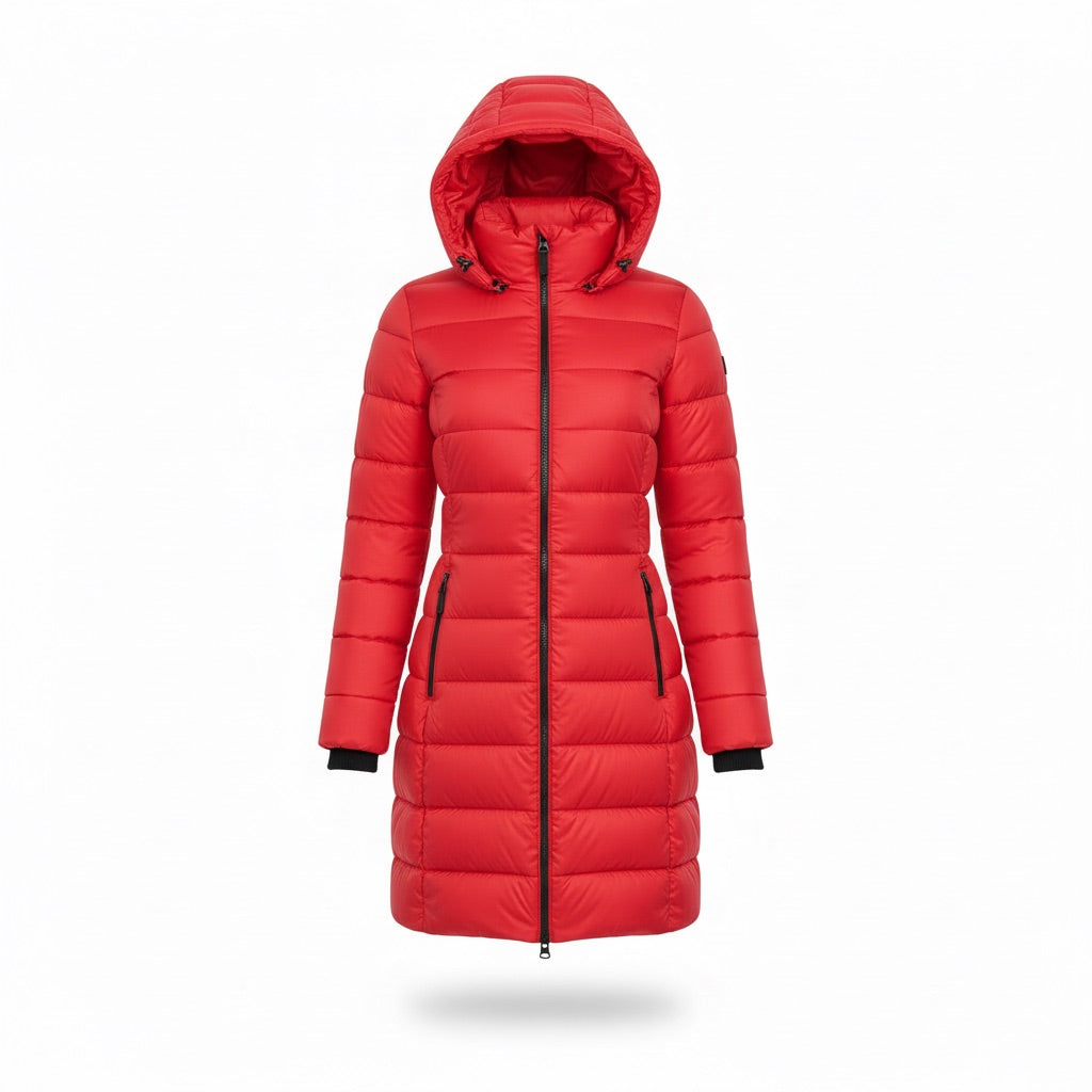 Winterjacke Damen lang mit Kapuze – Taillierter Steppmantel – Rot – Vorderansicht
