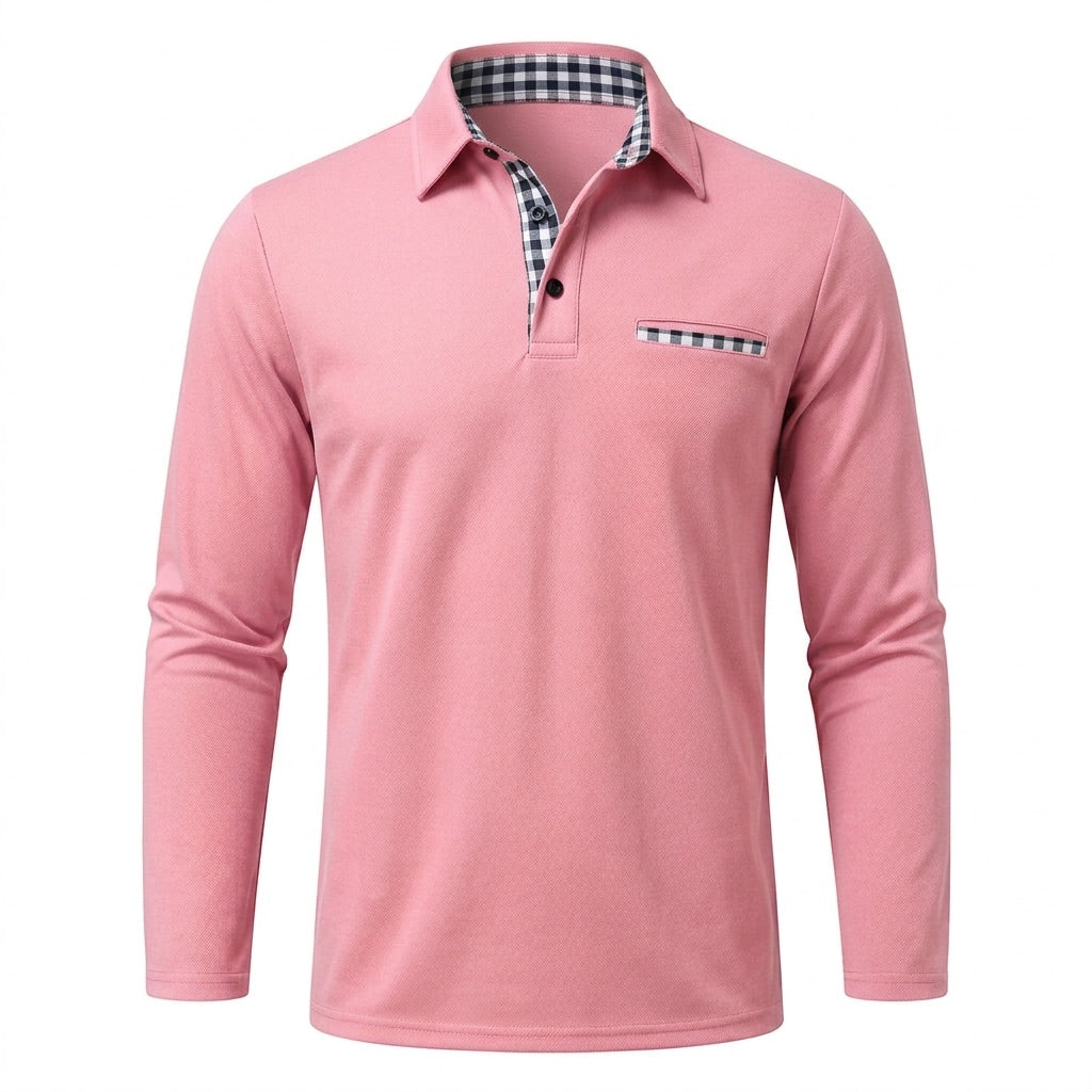 Poloshirt Herren Langarm – mit Karo-Details – Rosa – Vorderansicht
