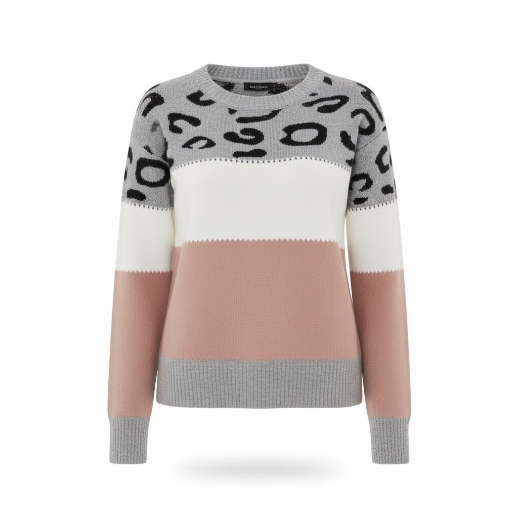 Strickpullover Damen mit Leomuster – Colour-Block – Rosa – Vorderansicht