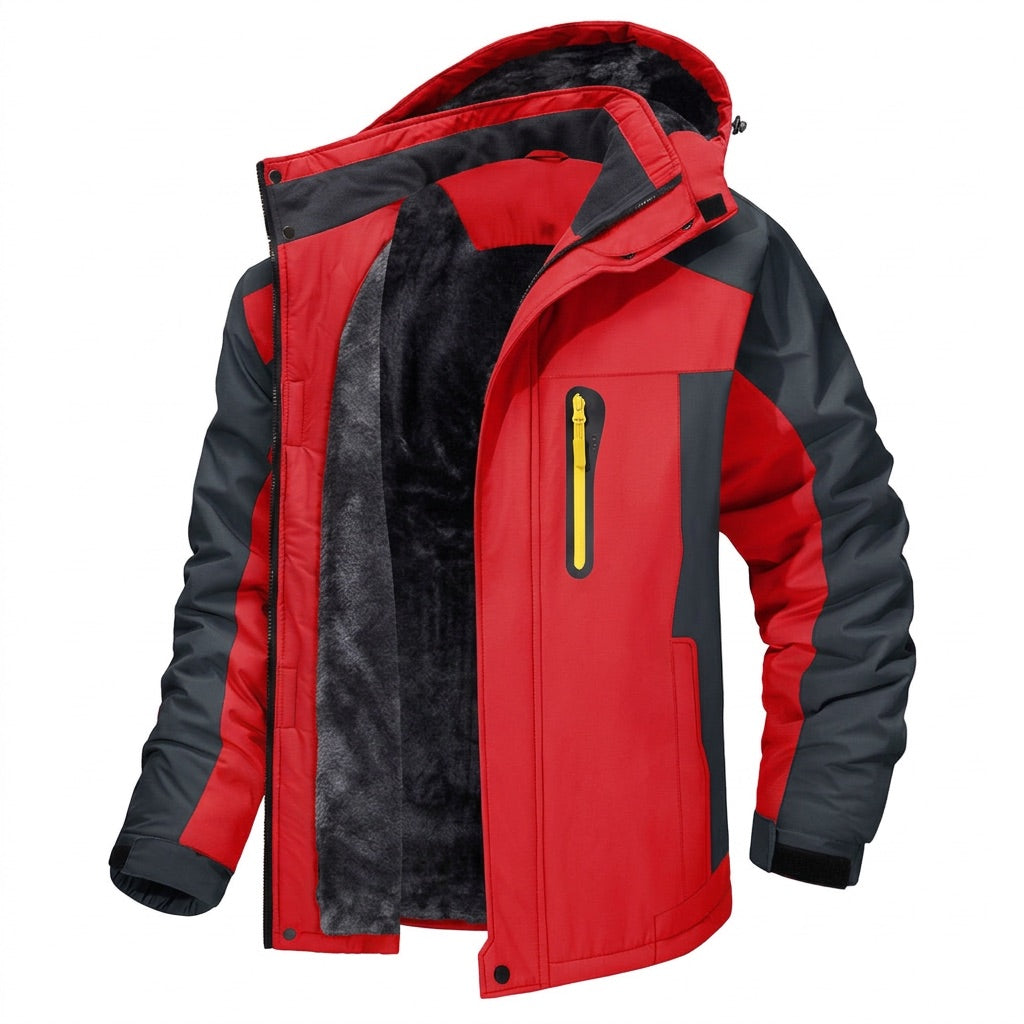 Winterjacke Herren mit Kapuze und Fleecefutter – Outdoorjacke – Rot – Vorderansicht