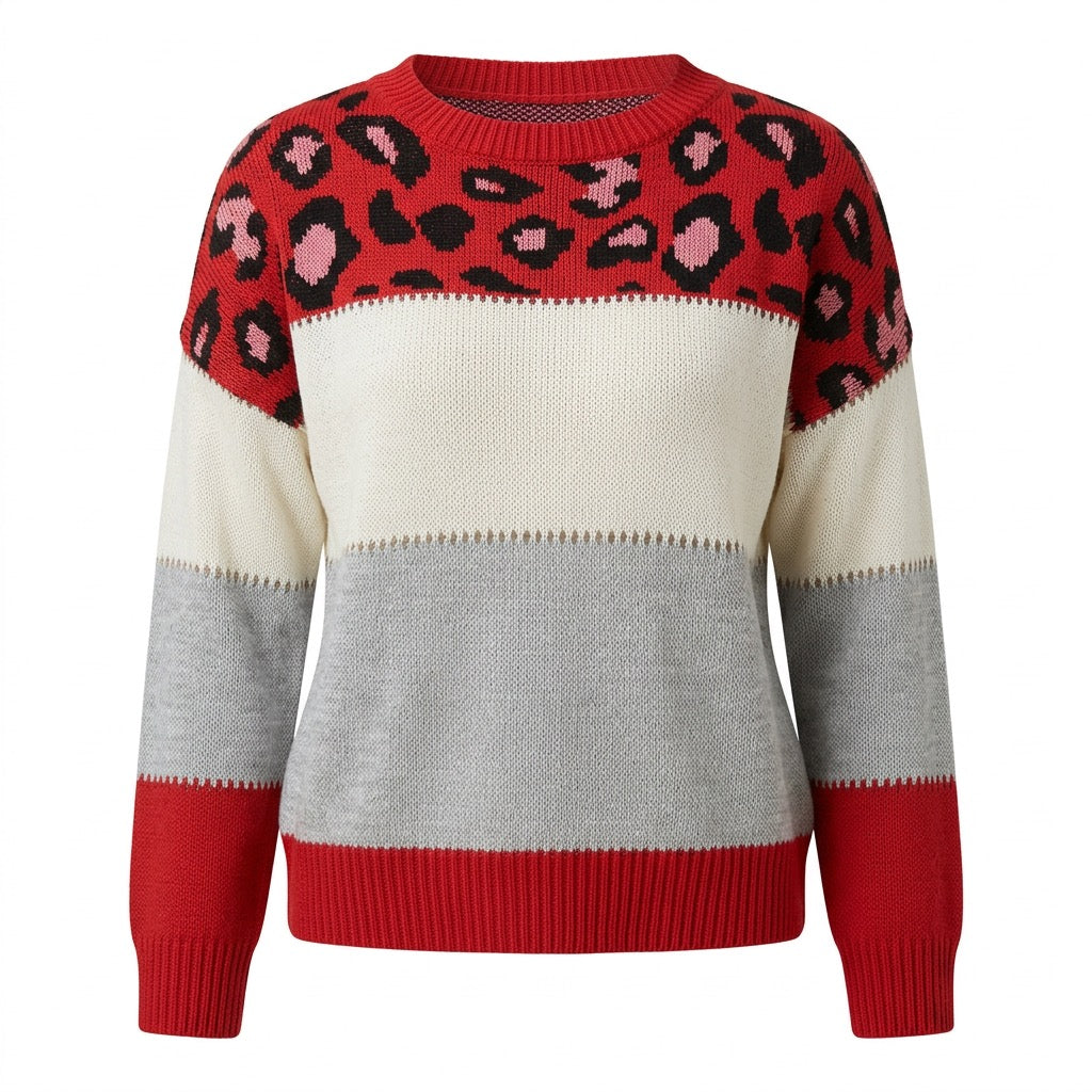 Strickpullover Damen mit Leomuster – Colour-Block – Rot – Vorderansicht