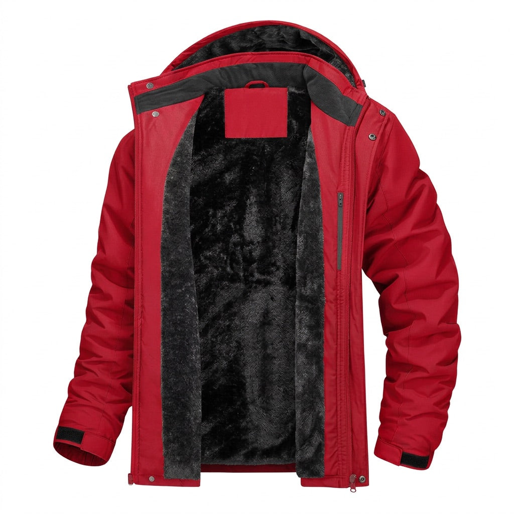 Winterjacke Herren mit Fleecefutter und Kapuze – Outdoor Parka – Rot – Vorderansicht