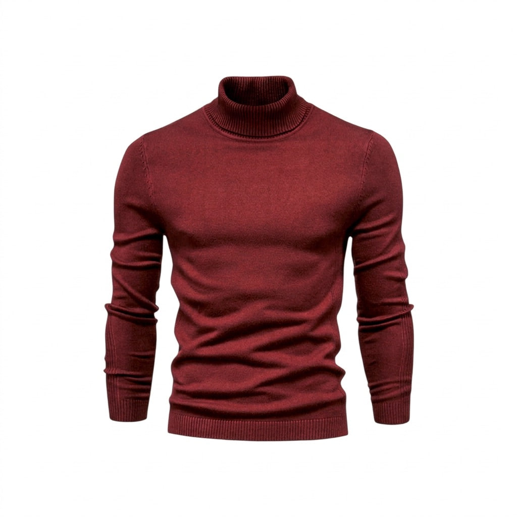 Rollkragenpullover Herren Basic – Leichter Strickpullover Slim – Rot – Vorderansicht