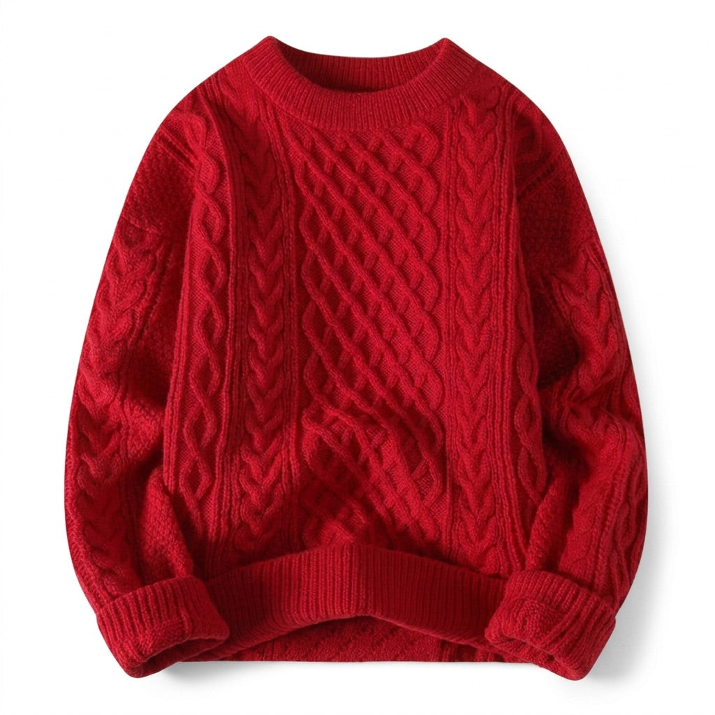 Zopfstrick Pullover Herren Rundhals – Warmer Grobstrick Pullover – Rot – Vorderansicht
