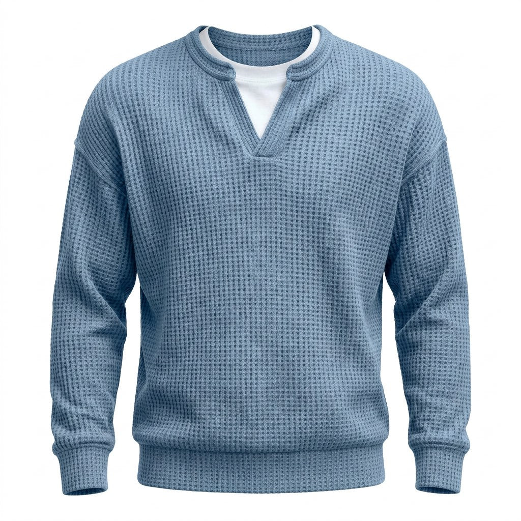 Waffelpullover Herren mit Schlitzausschnitt – Lässiger Pullover – Himmelblau – Vorderansicht
