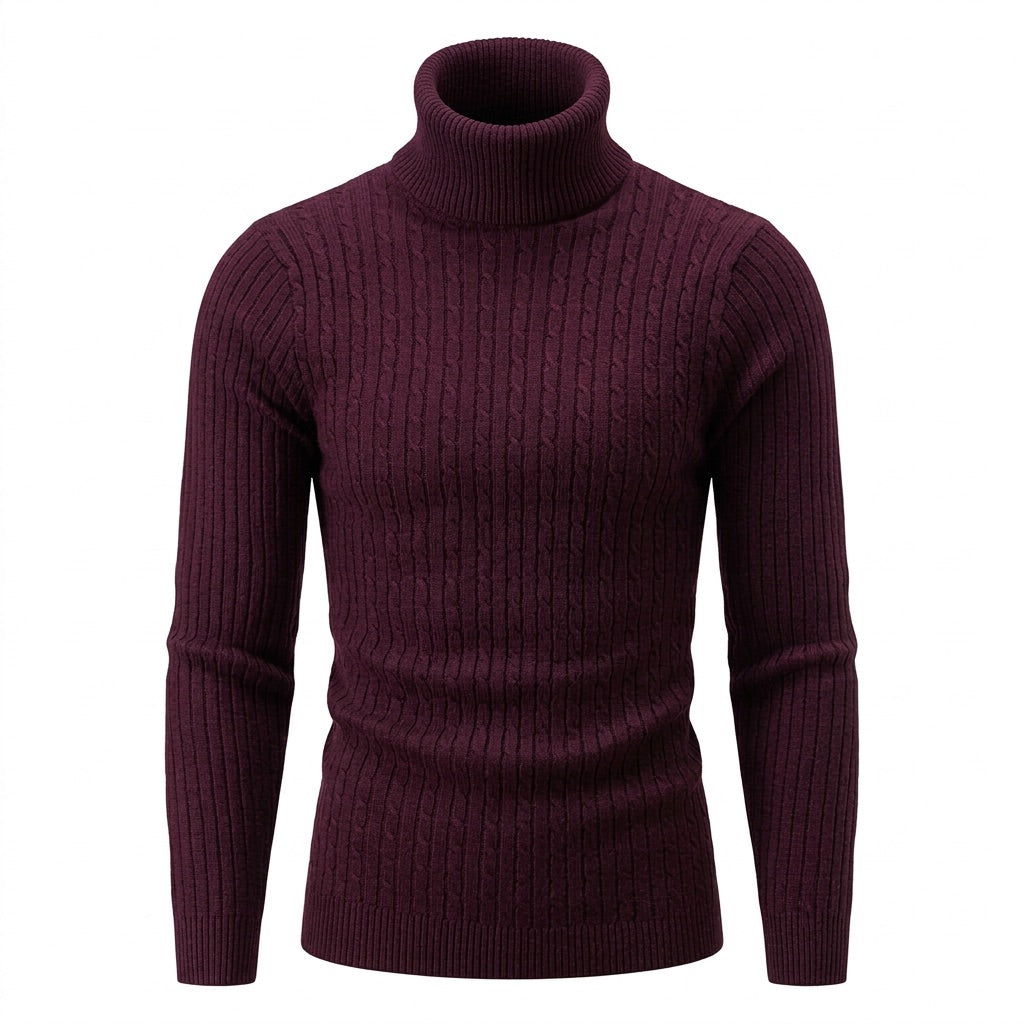 Rollkragenpullover Herren mit Zopfmuster – Warmer Strickpullover – Weinrot – Vorderansicht