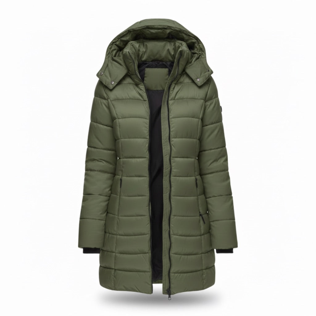 Parka Damen lang gesteppt mit Kapuze – Warme Winterjacke – Armeegrün – Vorderansicht