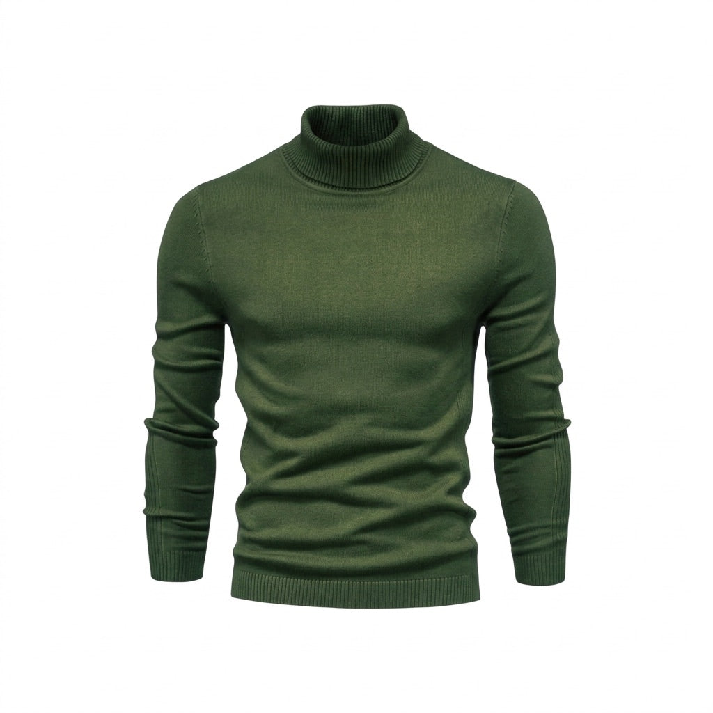 Rollkragenpullover Herren Basic – Leichter Strickpullover Slim – Grün – Vorderansicht