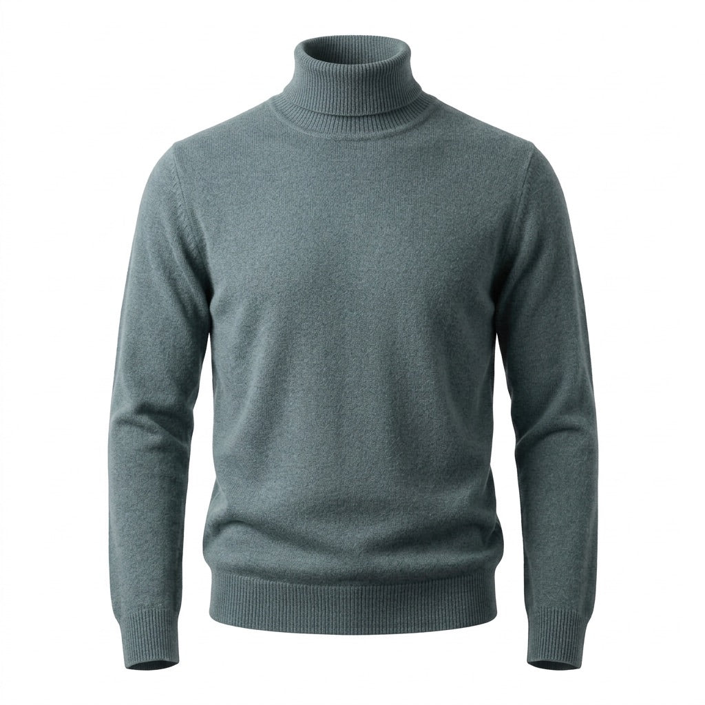 Rollkragenpullover Herren Feinstrick – Zeitloser Basic Pullover – Grün – Vorderansicht