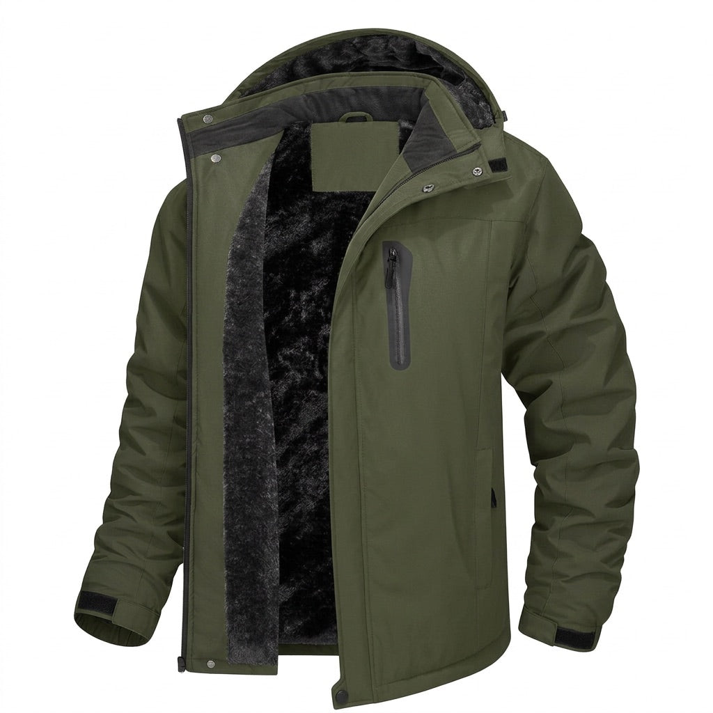 Winterjacke Herren mit Fleecefutter und Kapuze – Outdoor Parka – Olivgrün – Vorderansicht