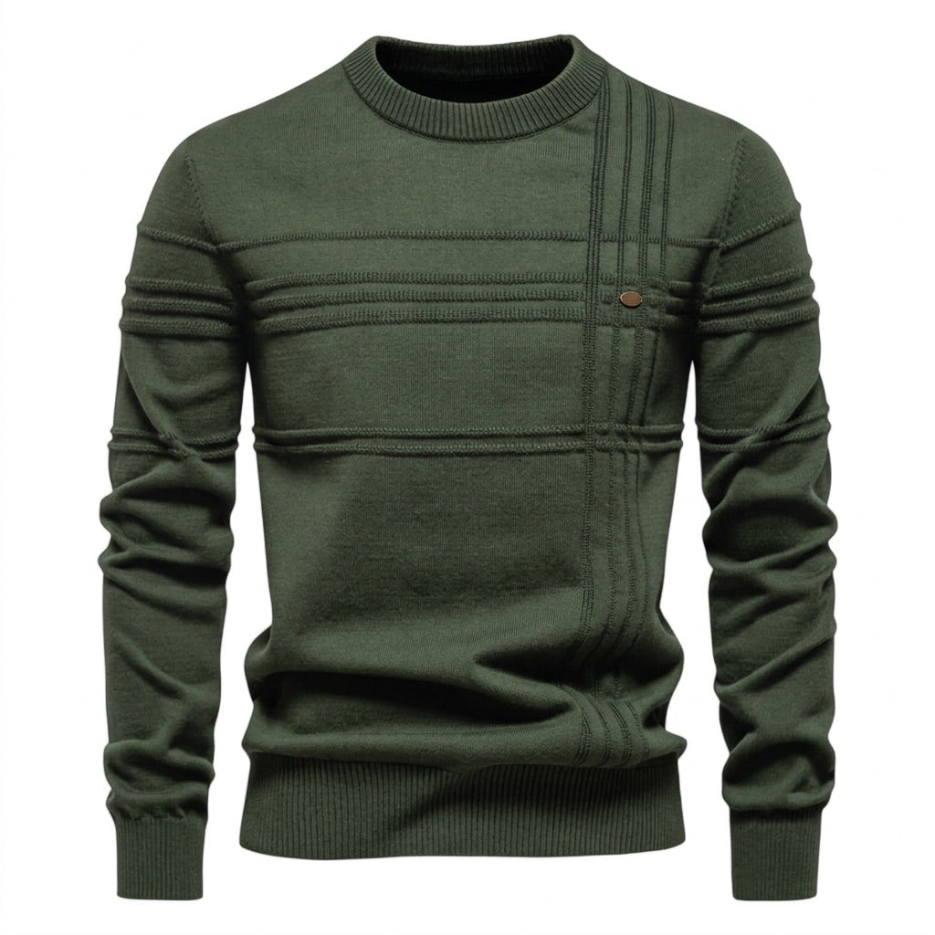 Strickpullover Herren Rundhals – Pullover mit Streifenstruktur – Olivgrün – Vorderansicht