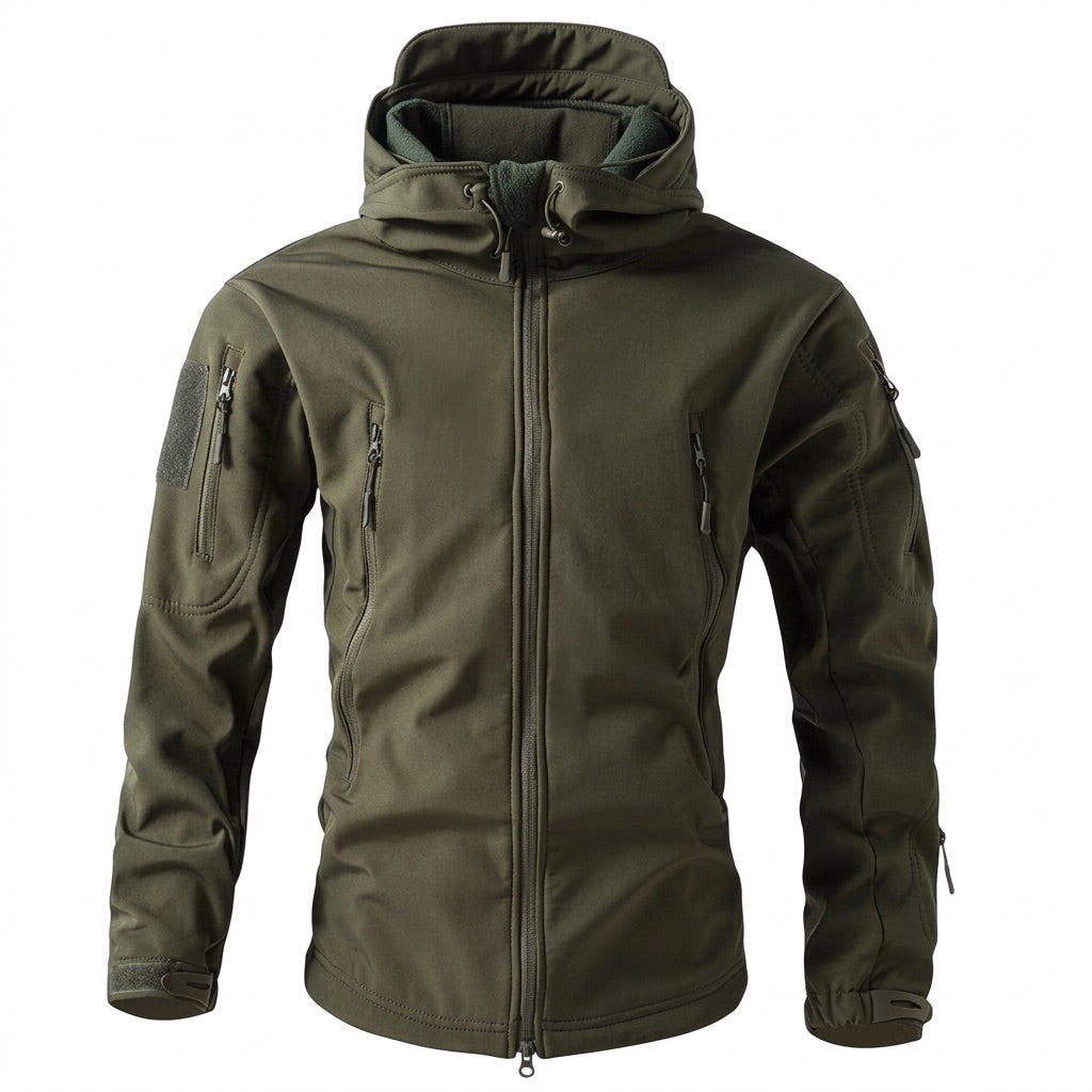 Softshelljacke Herren mit Kapuze – Outdoor Funktionsjacke – Olivgrün – Vorderansicht