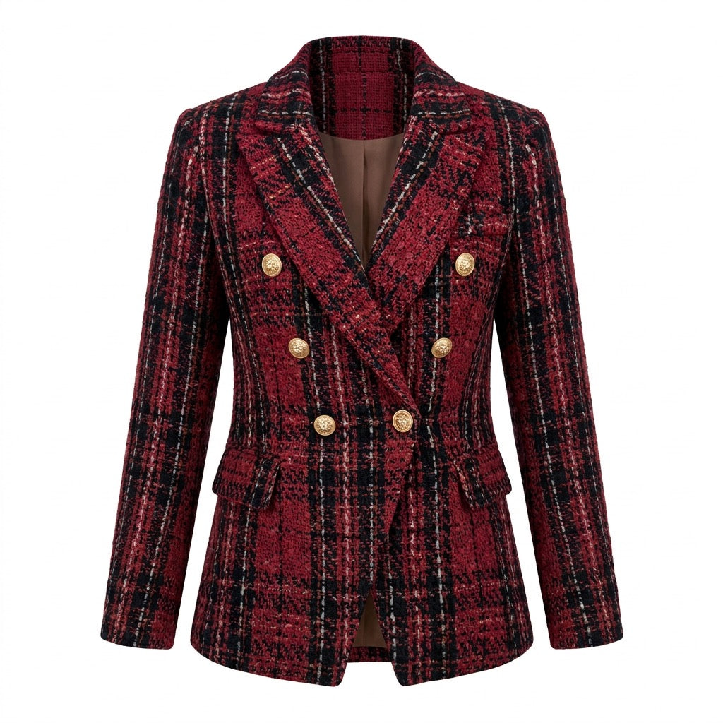 Karierter Blazer Damen – tailliert, zweireihig – Weinrot kariert – Vorderansicht