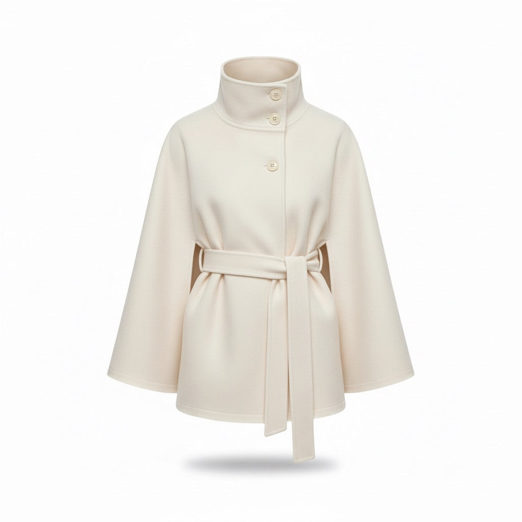 Cape Mantel Damen mit Gürtel und Stehkragen – Eleganter Kurzmantel – Weiß – Vorderansicht