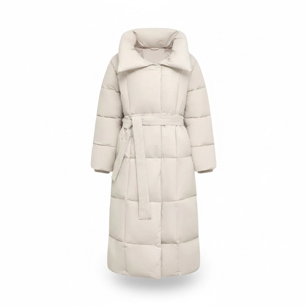 Damen Langer Steppmantel mit Gürtel Winterjacke – Weiß – Vorderansicht
