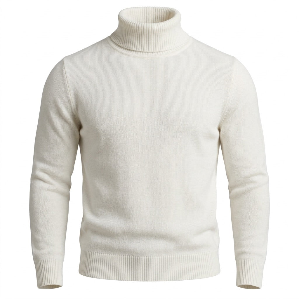 Rollkragenpullover Herren – Klassischer Pullover mit Rippbündchen – Weiß – Vorderansicht