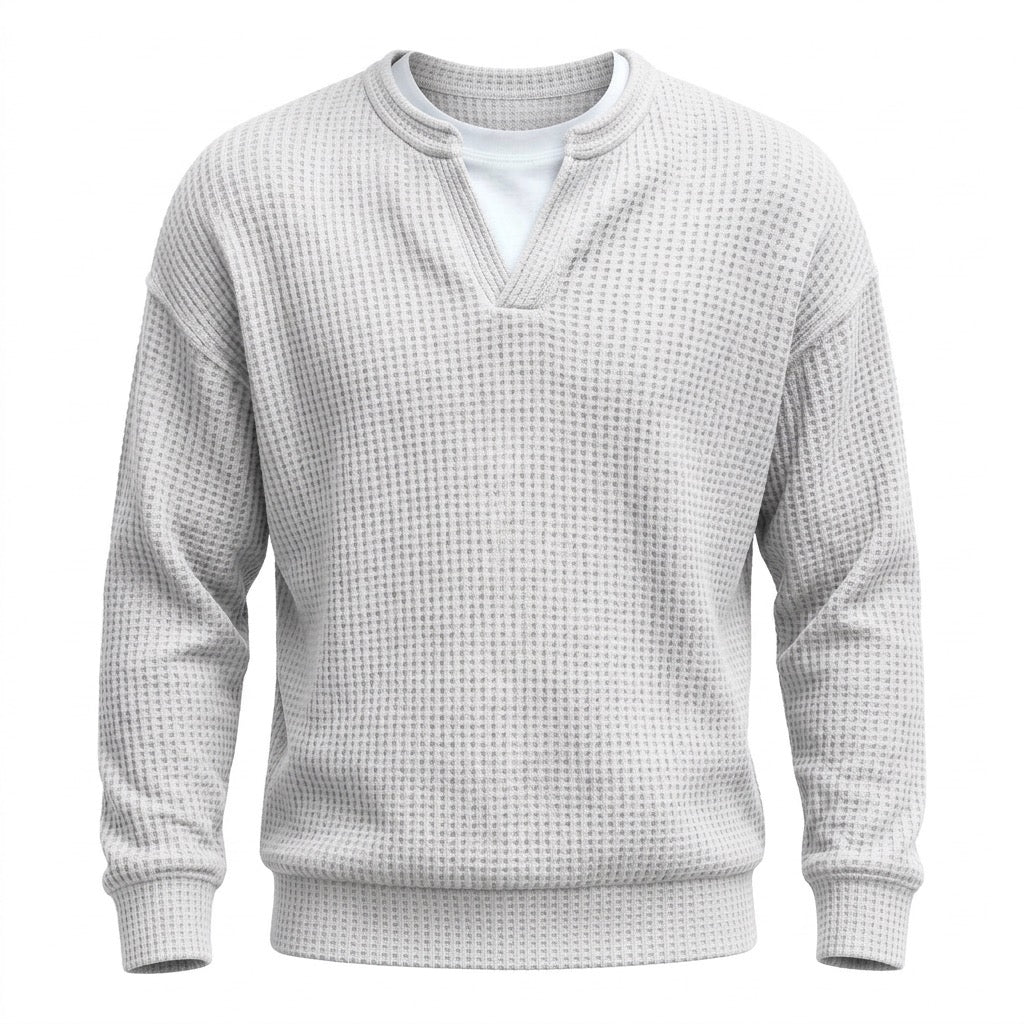 Waffelpullover Herren mit Schlitzausschnitt – Lässiger Pullover – Weiß – Vorderansicht