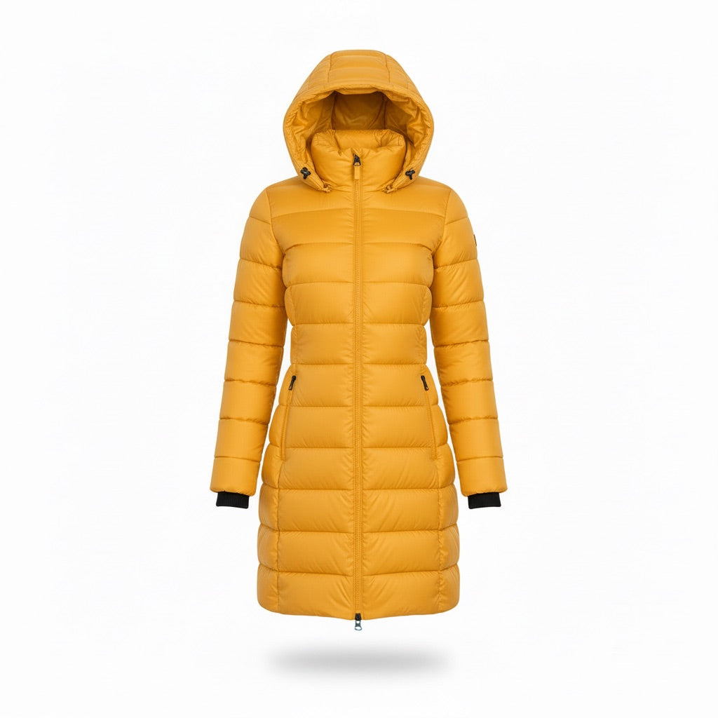 Winterjacke Damen lang mit Kapuze – Taillierter Steppmantel – Gelb – Vorderansicht