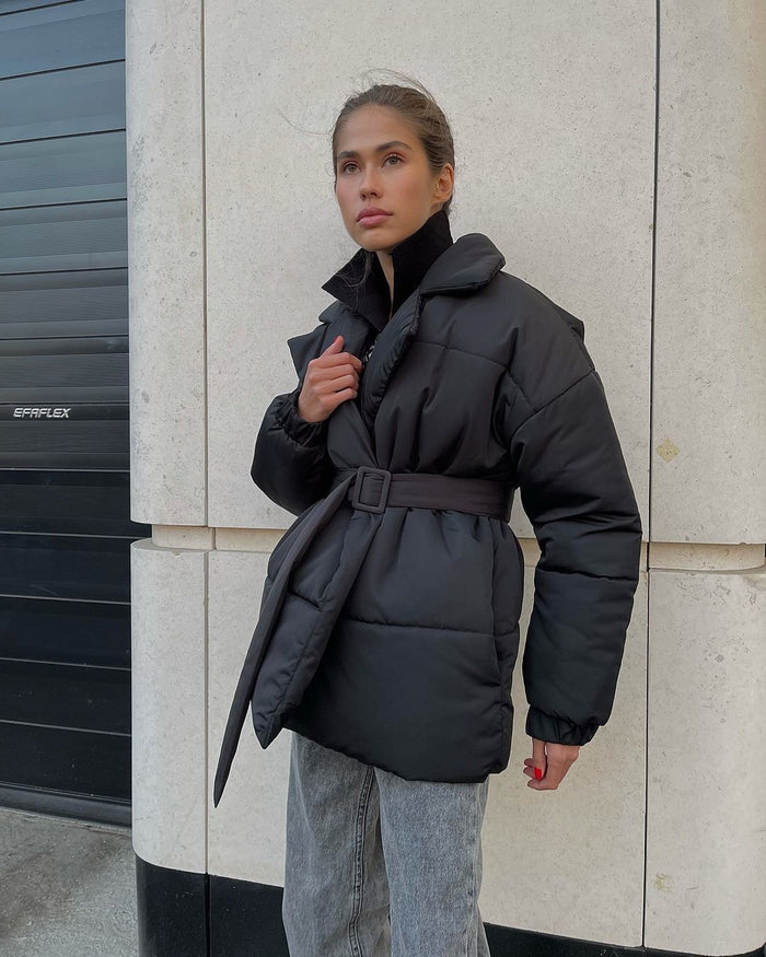 Steppmantel Damen mit Gürtel – Schwarz