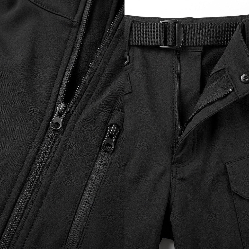 Softshell Set Herren – Funktionsjacke mit Kapuze und Cargohose – Detail