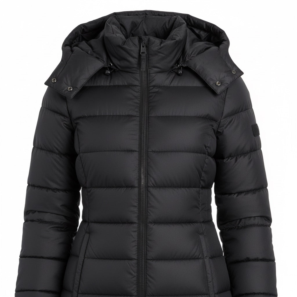 Winterjacke Damen lang mit Kapuze – Taillierter Steppmantel – Detail