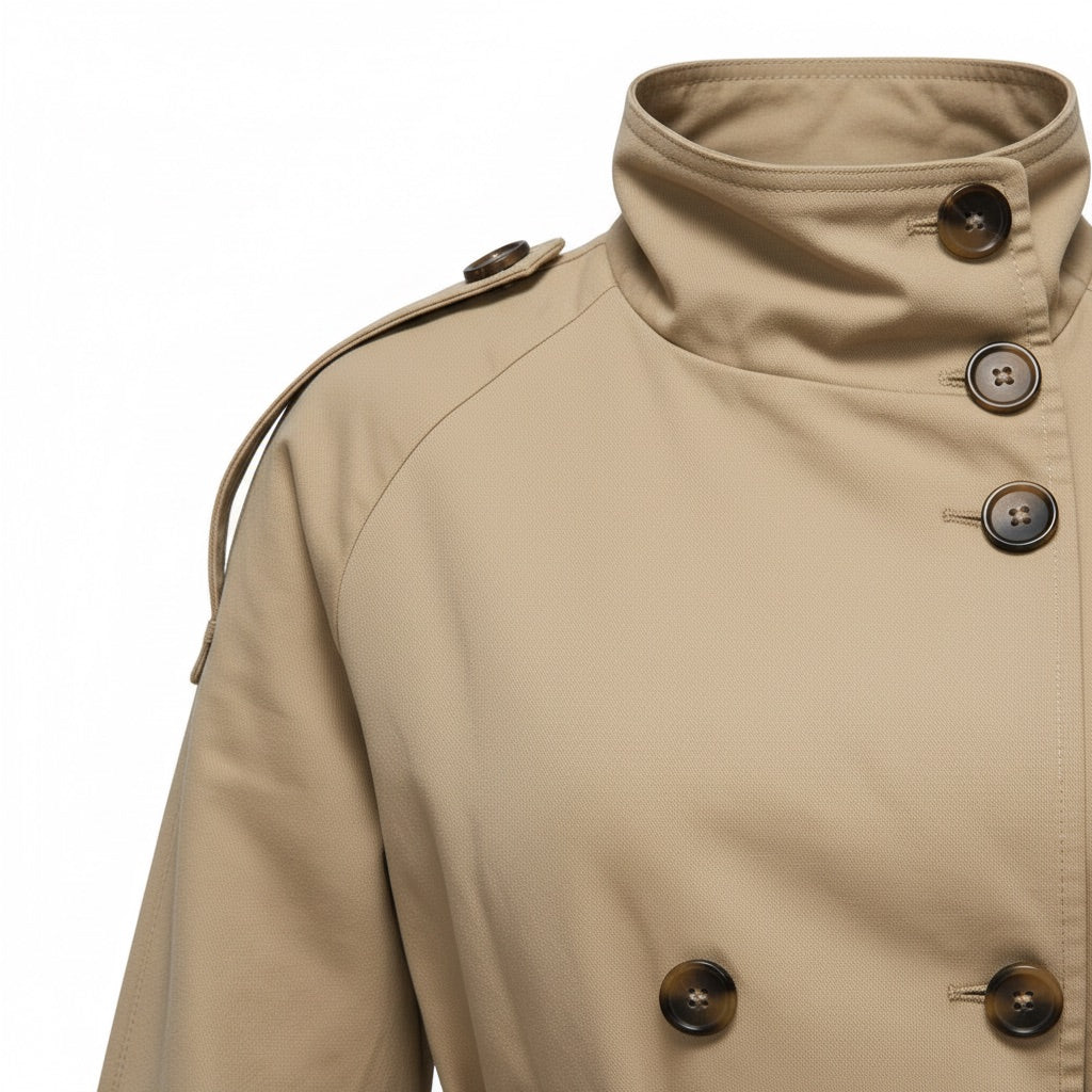 Trenchcoat Damen kurz mit Bindegürtel – Zweireihige Übergangsjacke – Detail