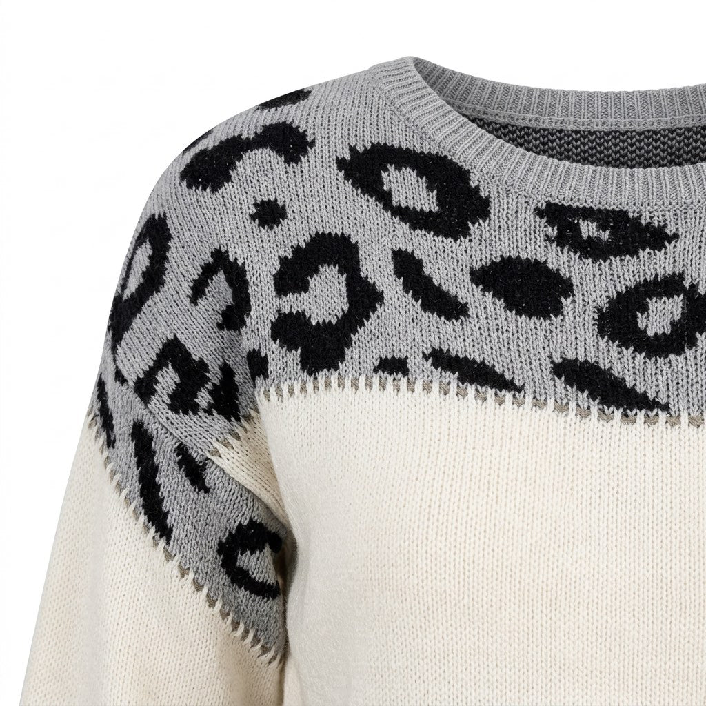 Strickpullover Damen mit Leomuster – Colour-Block – Detail