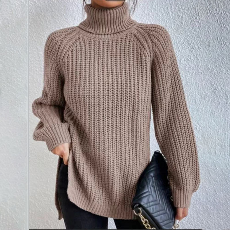 Rollkragenpullover Damen mit Seitenschlitz – Khaki