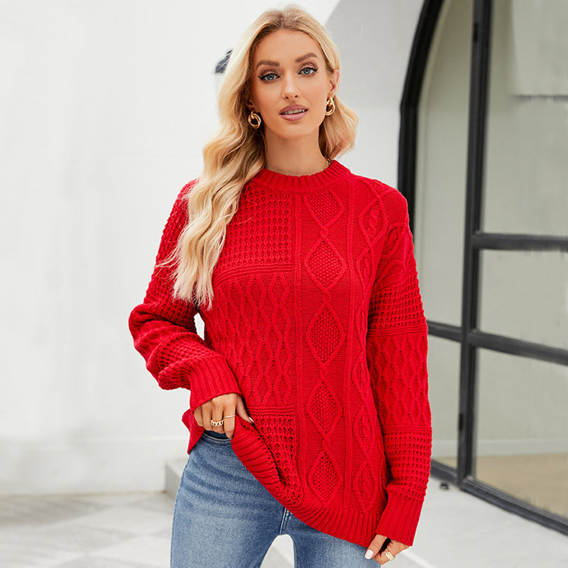 Zopfstrick Pullover Damen Rundhals – Rot
