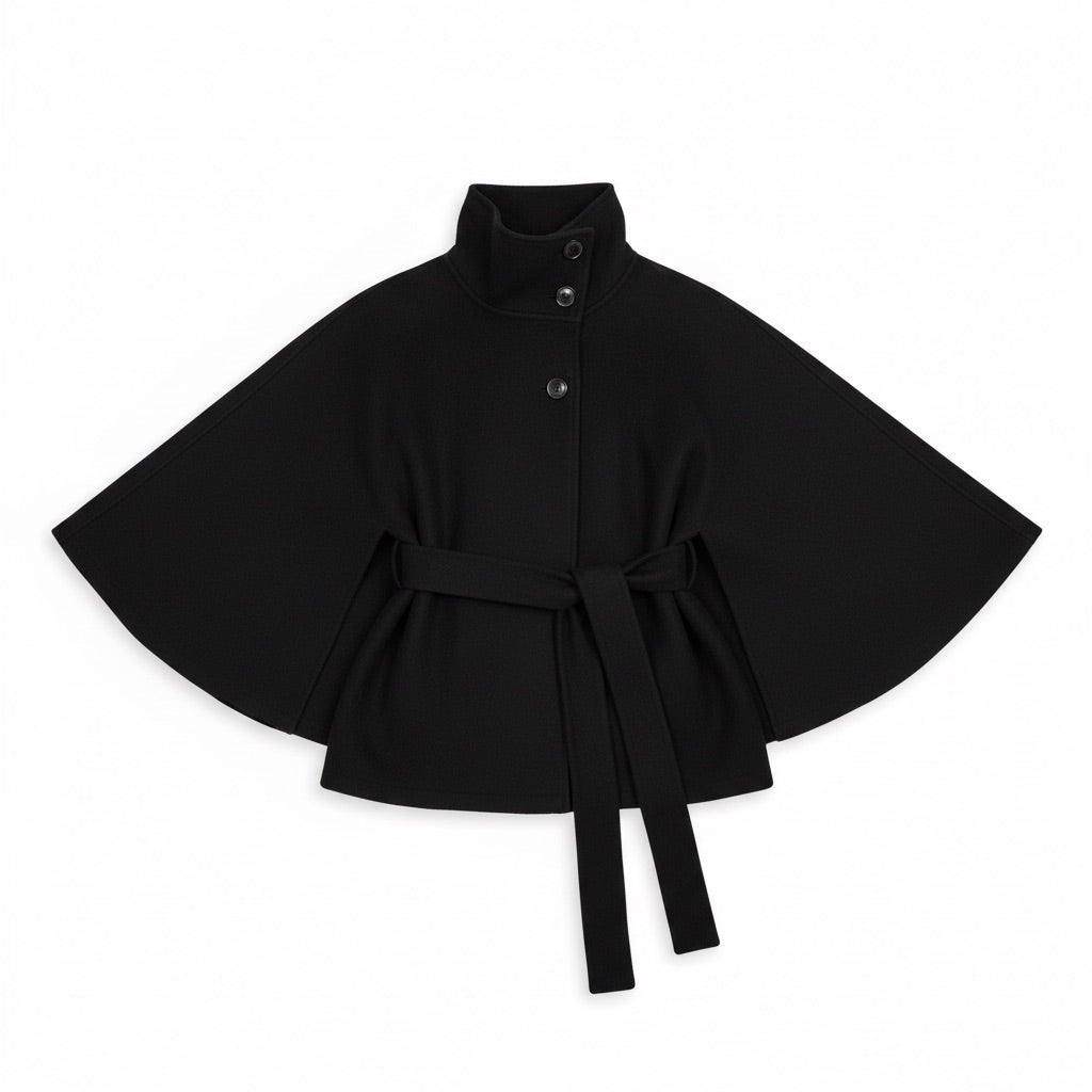 Cape Mantel Damen mit Gürtel und Stehkragen – Eleganter Kurzmantel – Flatlay