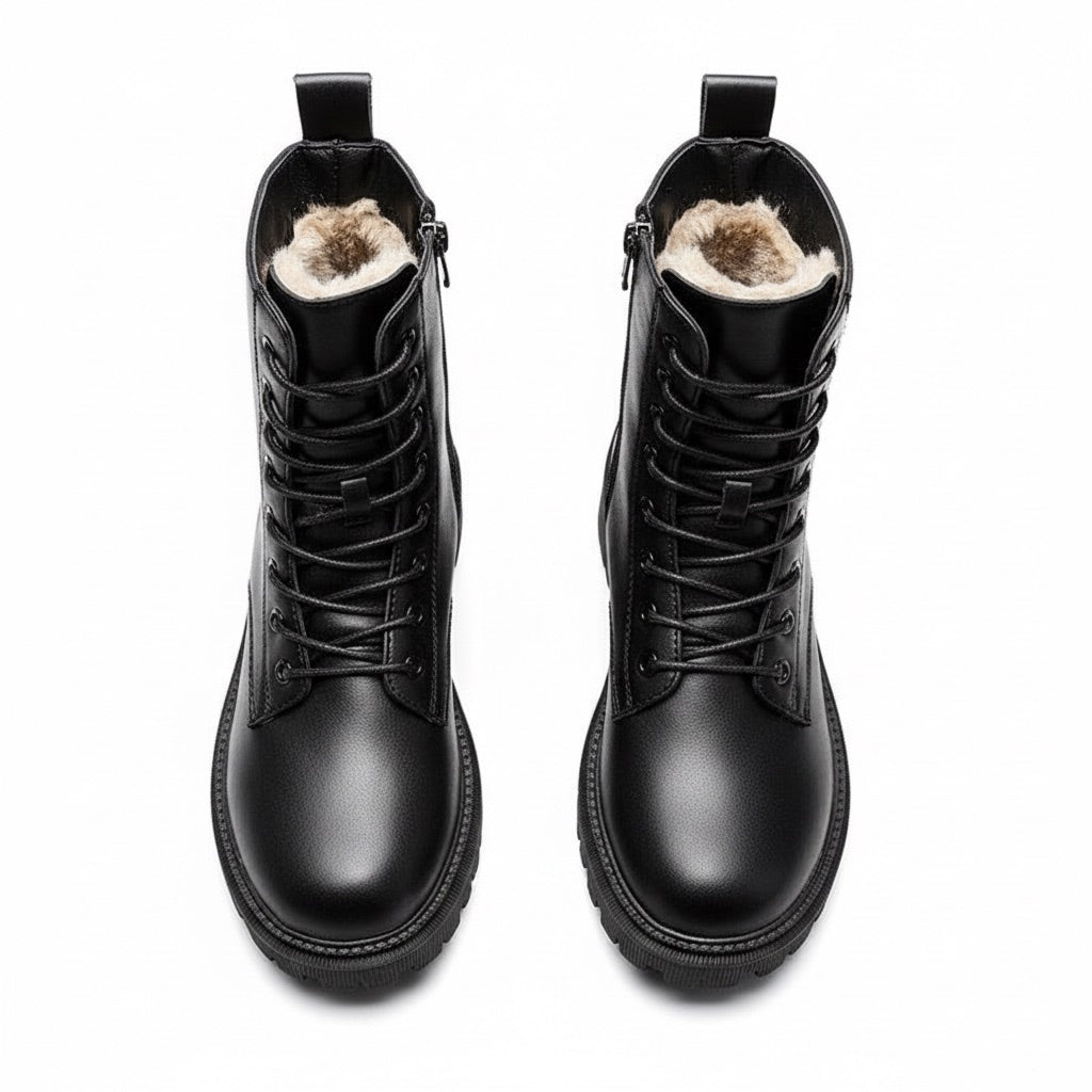 Schnürstiefel Damen gefüttert – Winterboots mit Profilsohle – Flatlay