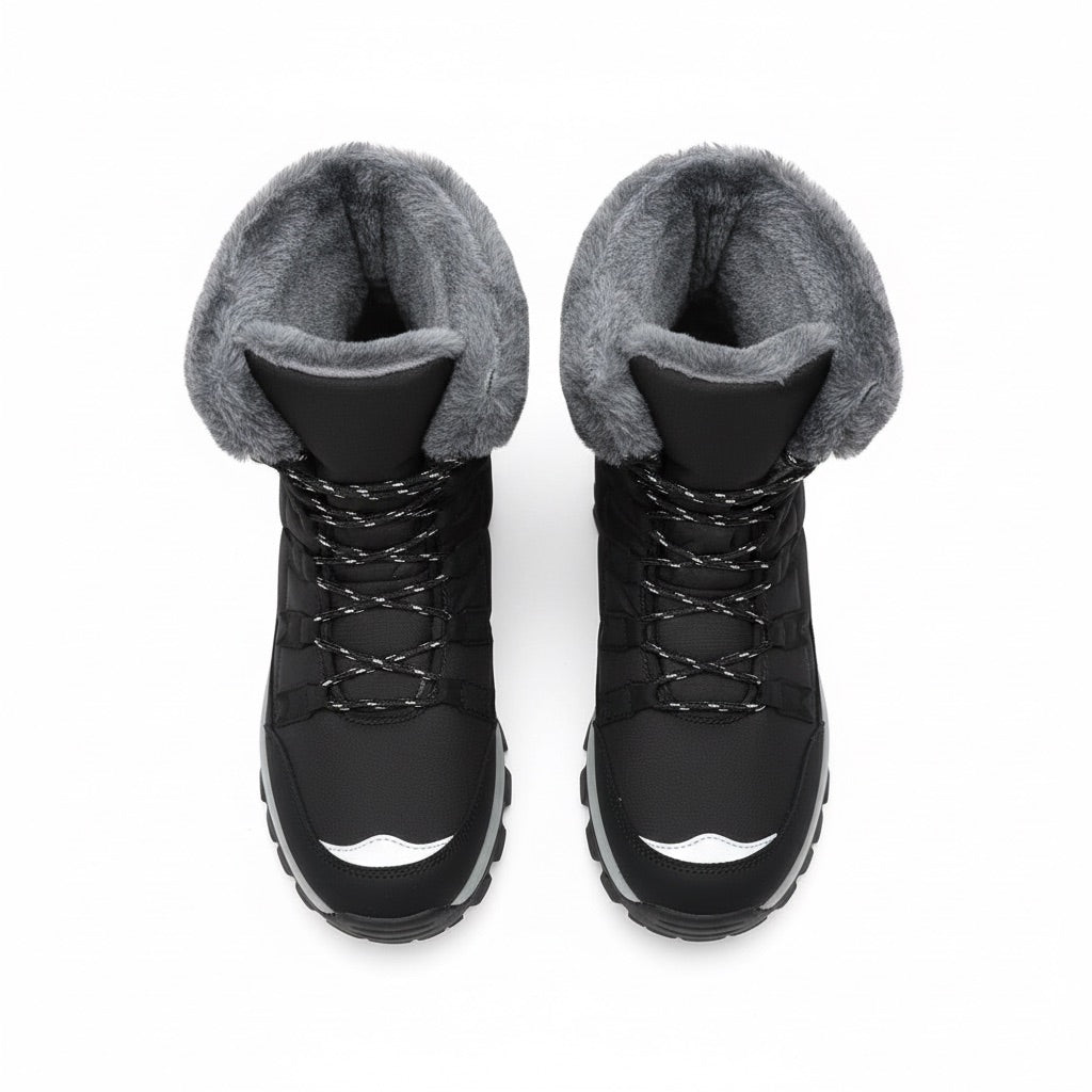 Schneestiefel Damen gefüttert – Winterstiefel mit Fellrand – Flatlay