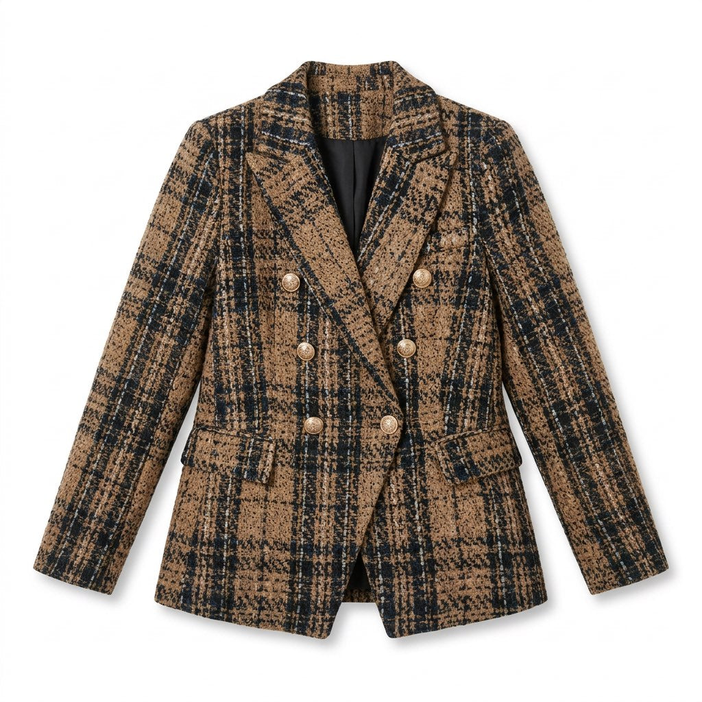 Karierter Blazer Damen – tailliert, zweireihig – Flatlay