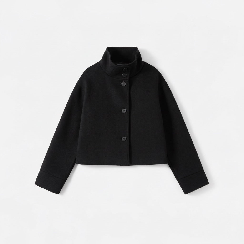 Kurzmantel Damen mit Stehkragen – Kurze Jacke mit Knopfleiste – Flatlay