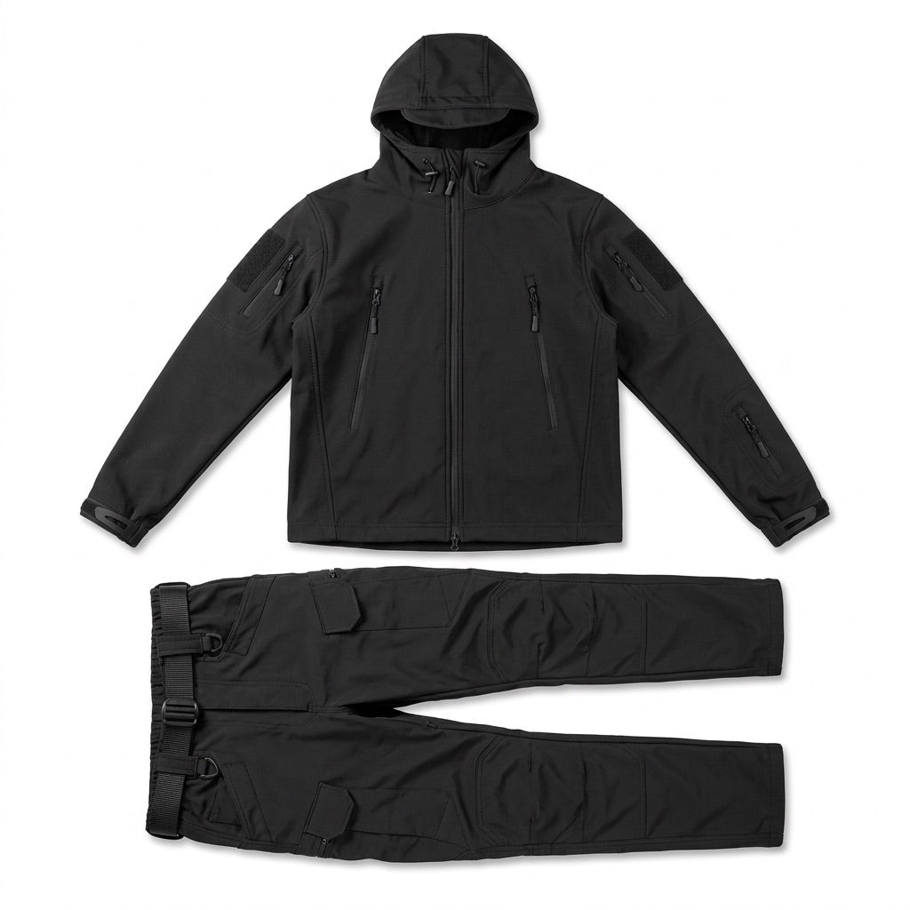 Softshell Set Herren – Funktionsjacke mit Kapuze und Cargohose – Flatlay