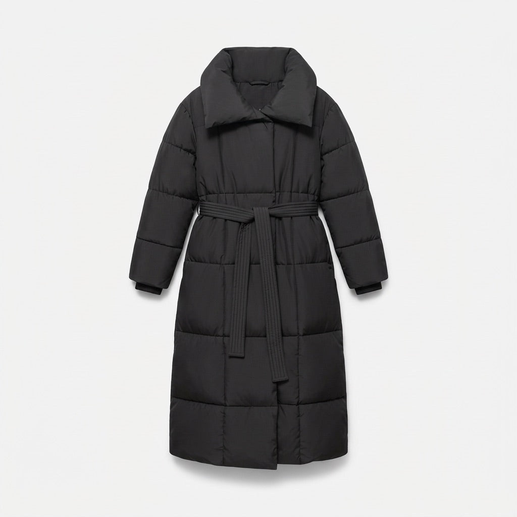 Damen Langer Steppmantel mit Gürtel Winterjacke – Flatlay