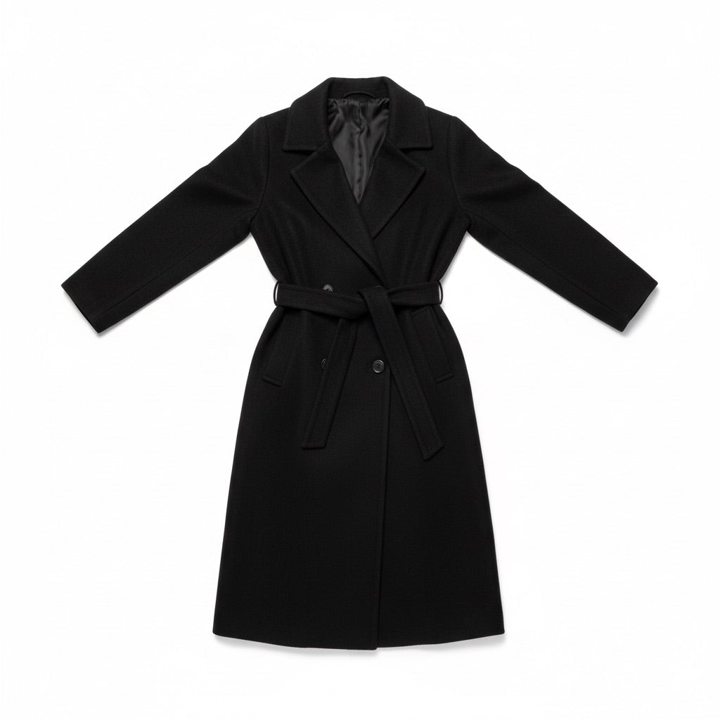 Mantel Damen lang Zweireiher mit Gürtel – Eleganter Wintermantel – Flatlay