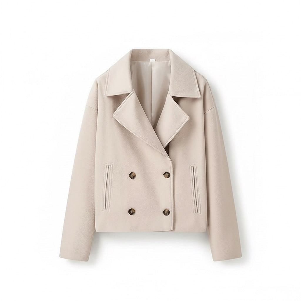 Kurzmantel Damen zweireihig – Jacke mit Reverskragen – Flatlay