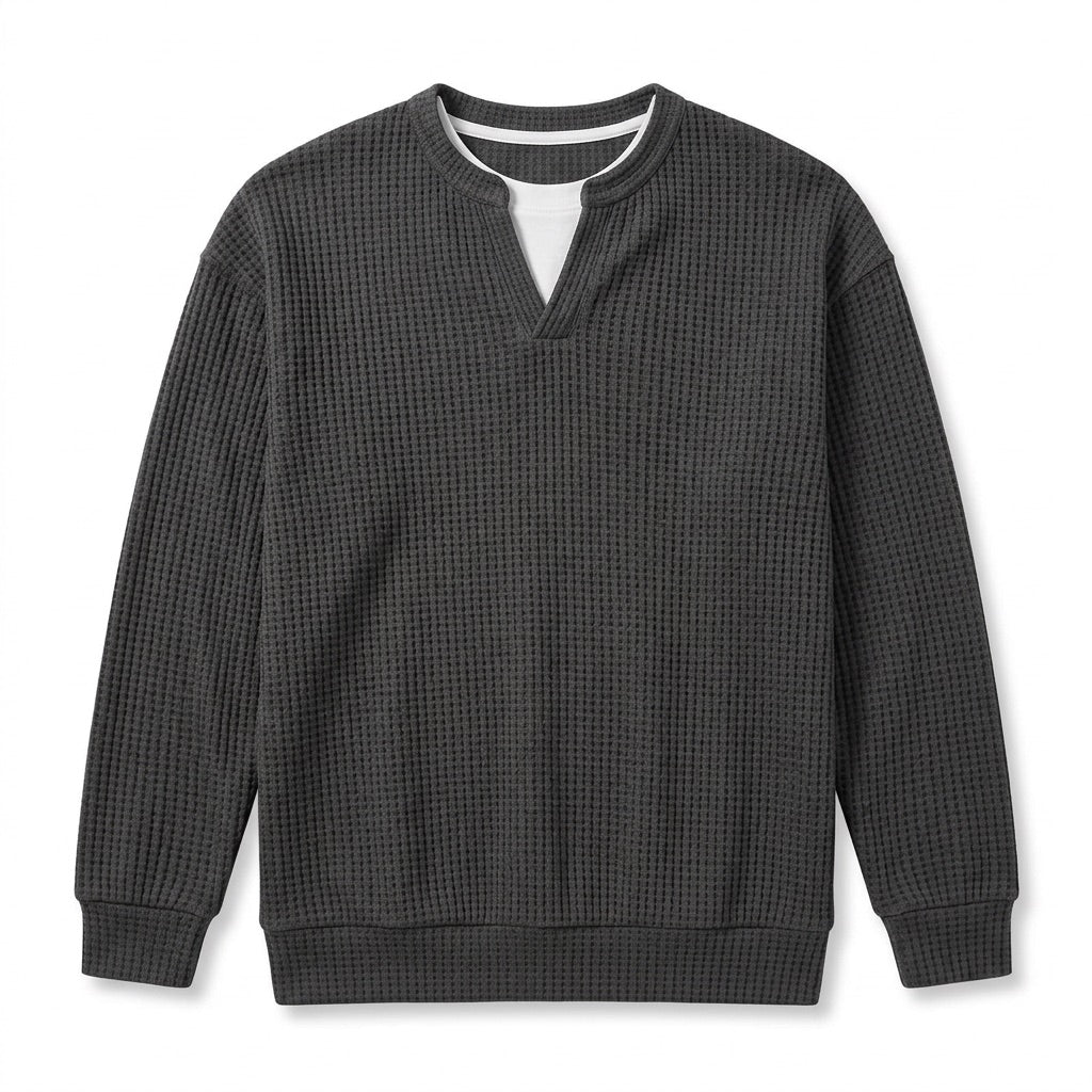 Waffelpullover Herren mit Schlitzausschnitt – Lässiger Pullover – Flatlay