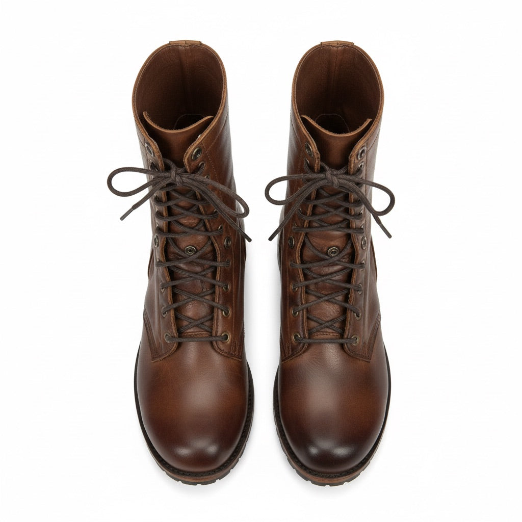 Schnürstiefel Damen Vintage – Hohe Boots mit Profilsohle – Flatlay